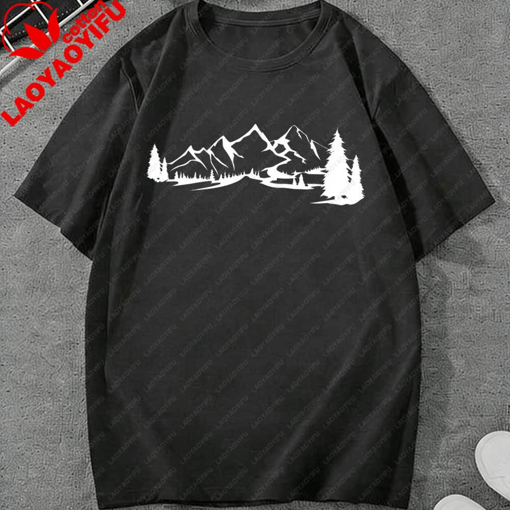 Minimalist Mountain Forest River Landscape TShirt Nature Graphic Tee Oversized Cotton Casual Top Hiking Camping Outdoor Lovers
