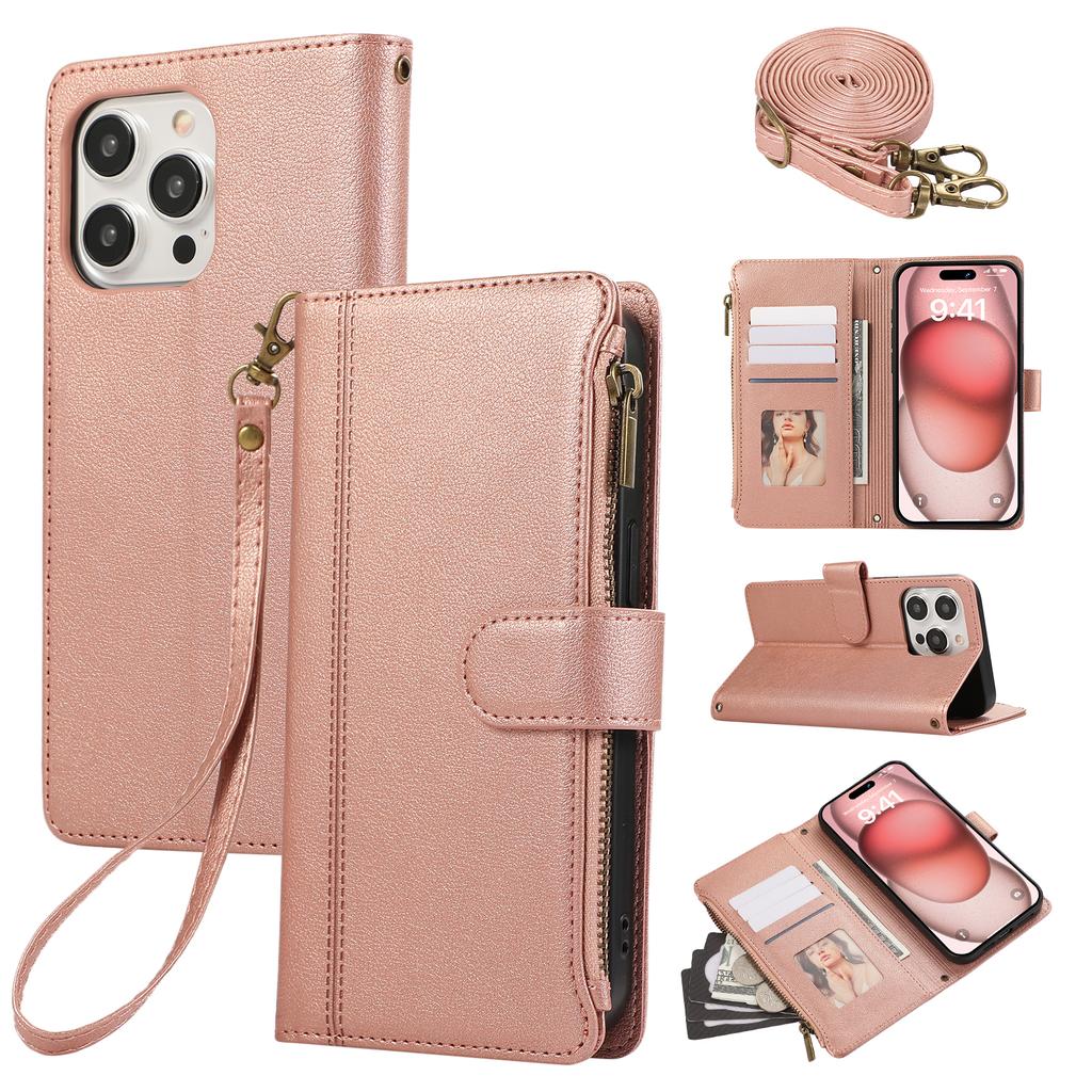 For iPhone 15 Pro Case Multi Card Slots Zipper Leather Phone Cover with Shoulder Strap/Wrist Strap