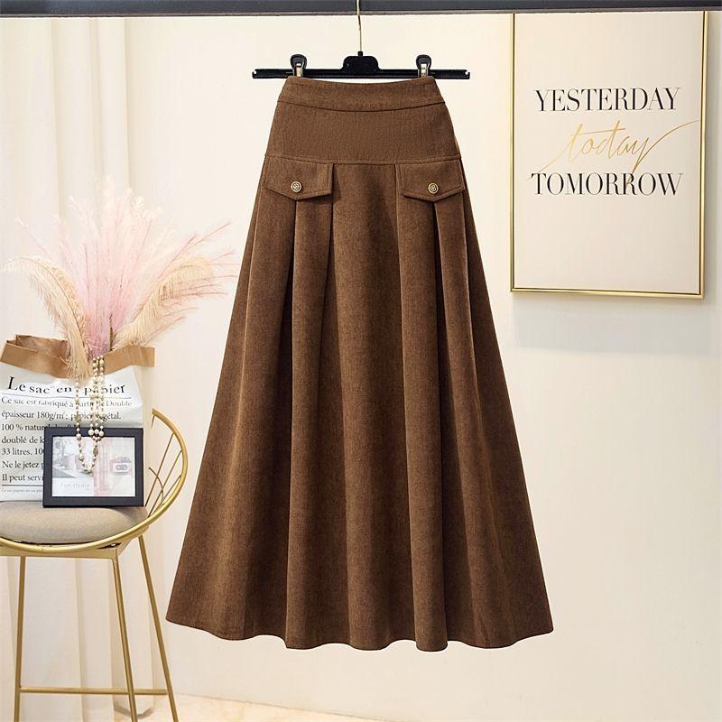 Winter Corduroy Elastic High Waist Women Long Skirts Korean Fashion Loose A-Line Stretchy Solid Colour Skirt