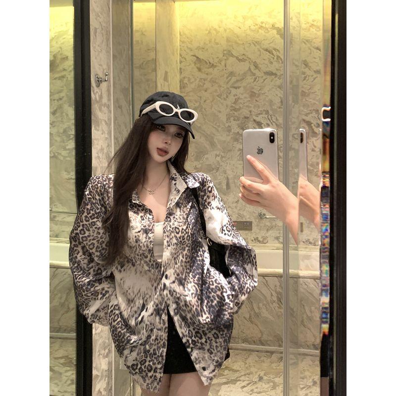 Kumikumi Gyaru Style Retro Leopard Print Long sleeve Shirts Women clothes Autumn Mid-Length Loose Slimming Versatile Top