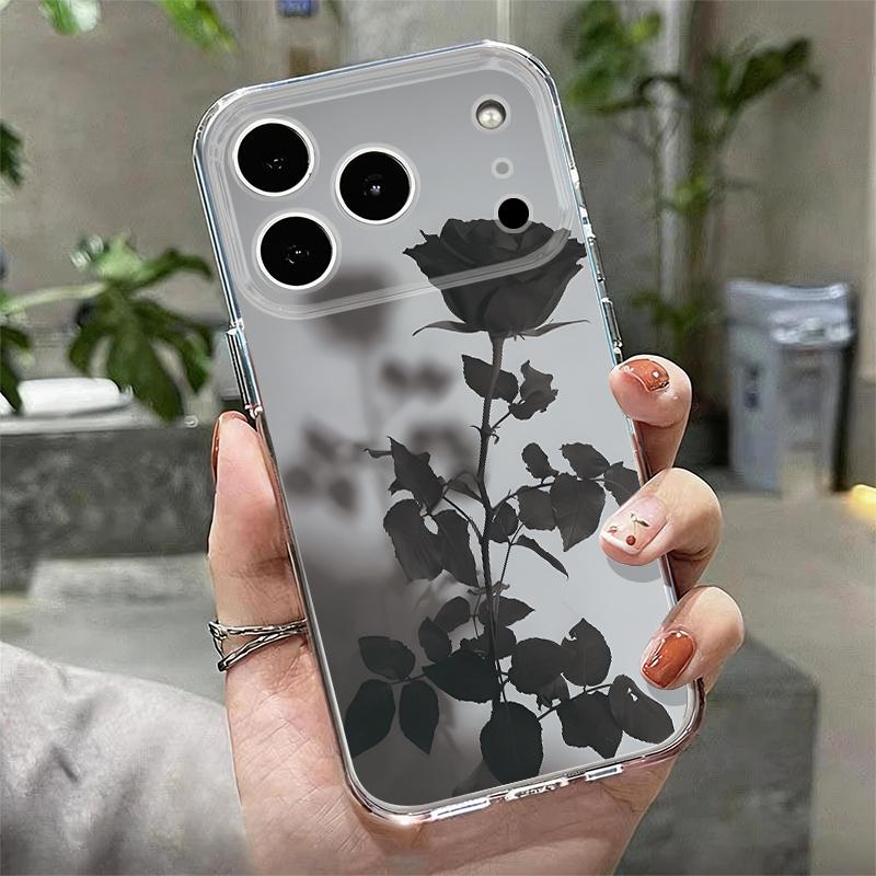 Black Rose Floral Pattern Case For iPhone 17 Pro Max Coque iPhone 16 15 14 13 Pro Max 11 Clear TPU Silicone Soft Cover