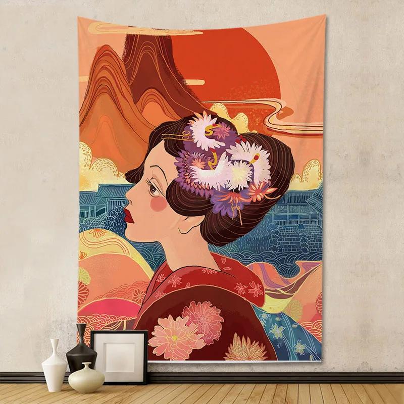 Wandteppich, Ukiyo-e, Damen-Hintergrund, japanischer Digitaldruck, dekorativer Hängestoff, Wanddekoration