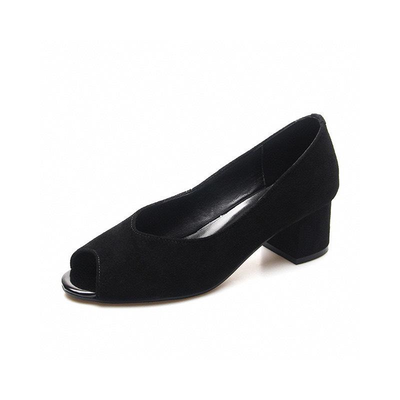 

Женская обувь на высоком каблуке весна и новая обувь с открытым носком черная овчина толстый каблук модная обувь темпераментные туфли-лодочки 41 чёрный