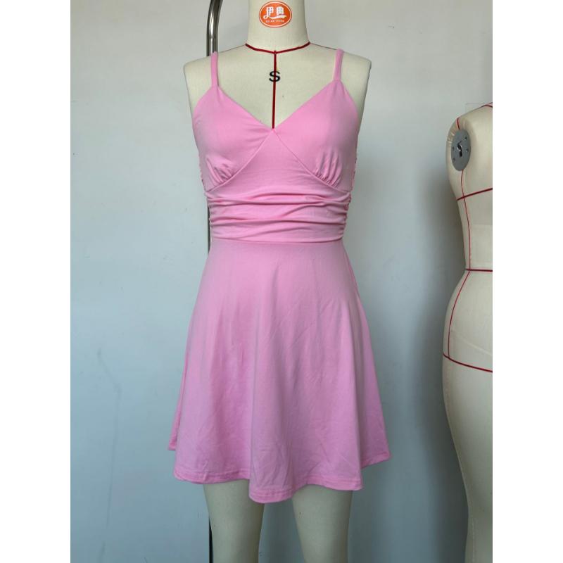 Mini Abito Sexy da Donna con Spalline Sottili Scollo a V Vita Arricciata Orlo Spaccato Linea ad A Colore Unito Estate Festa Serale Club Night Out Abito