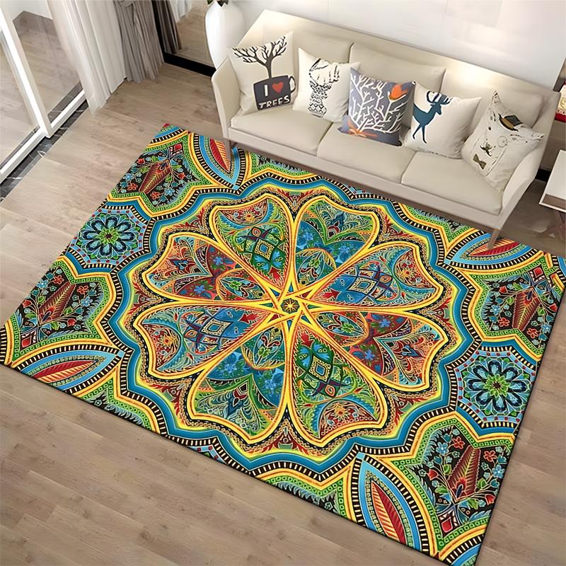 Colorful Mandala Pattern Carpet with Geometric Floral Design, Large Rug Suitable for Use As an Anti-slip for Living Room Bedroom Sofas