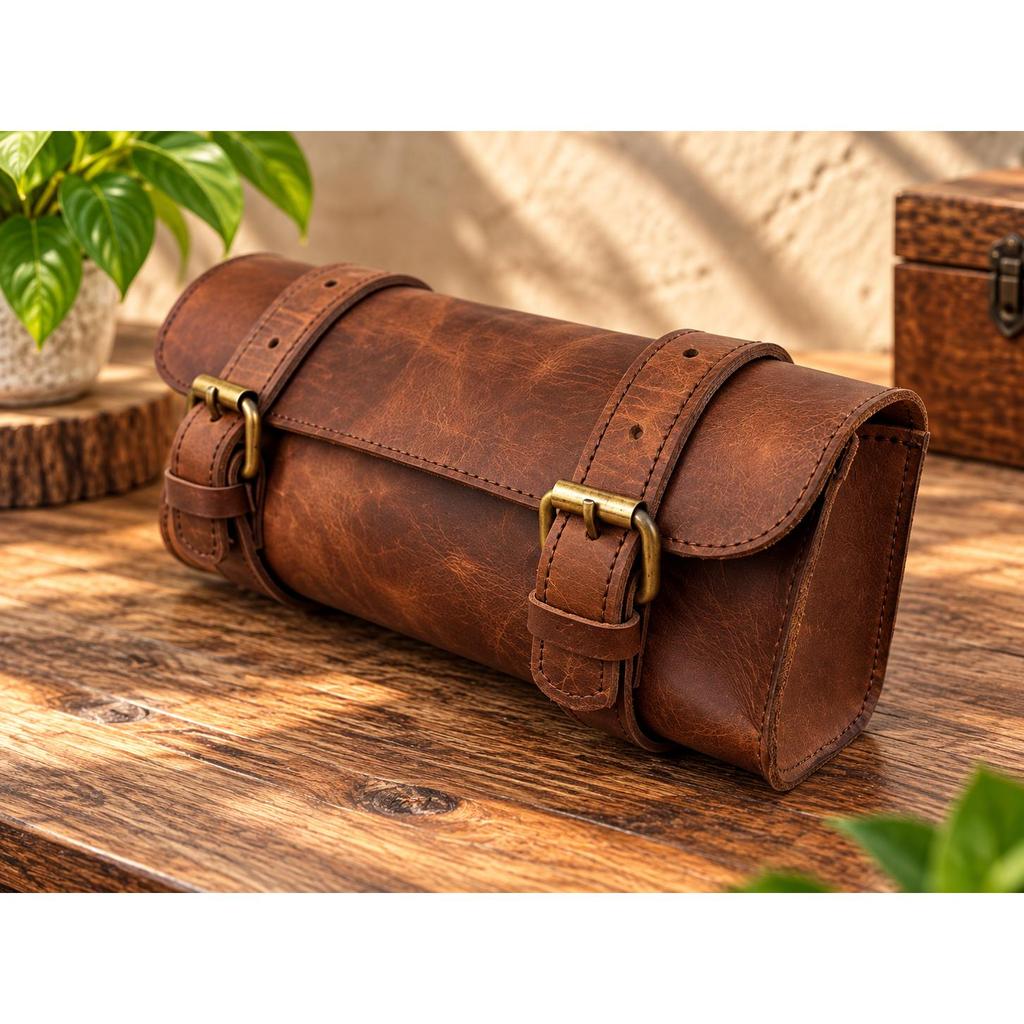Leather Bag Motorcycle Pouch Brown Saddle Buffalo Leather Bag Bike Small Tool Bag Front Fork Handlebar Leather Saddlebag Pouch