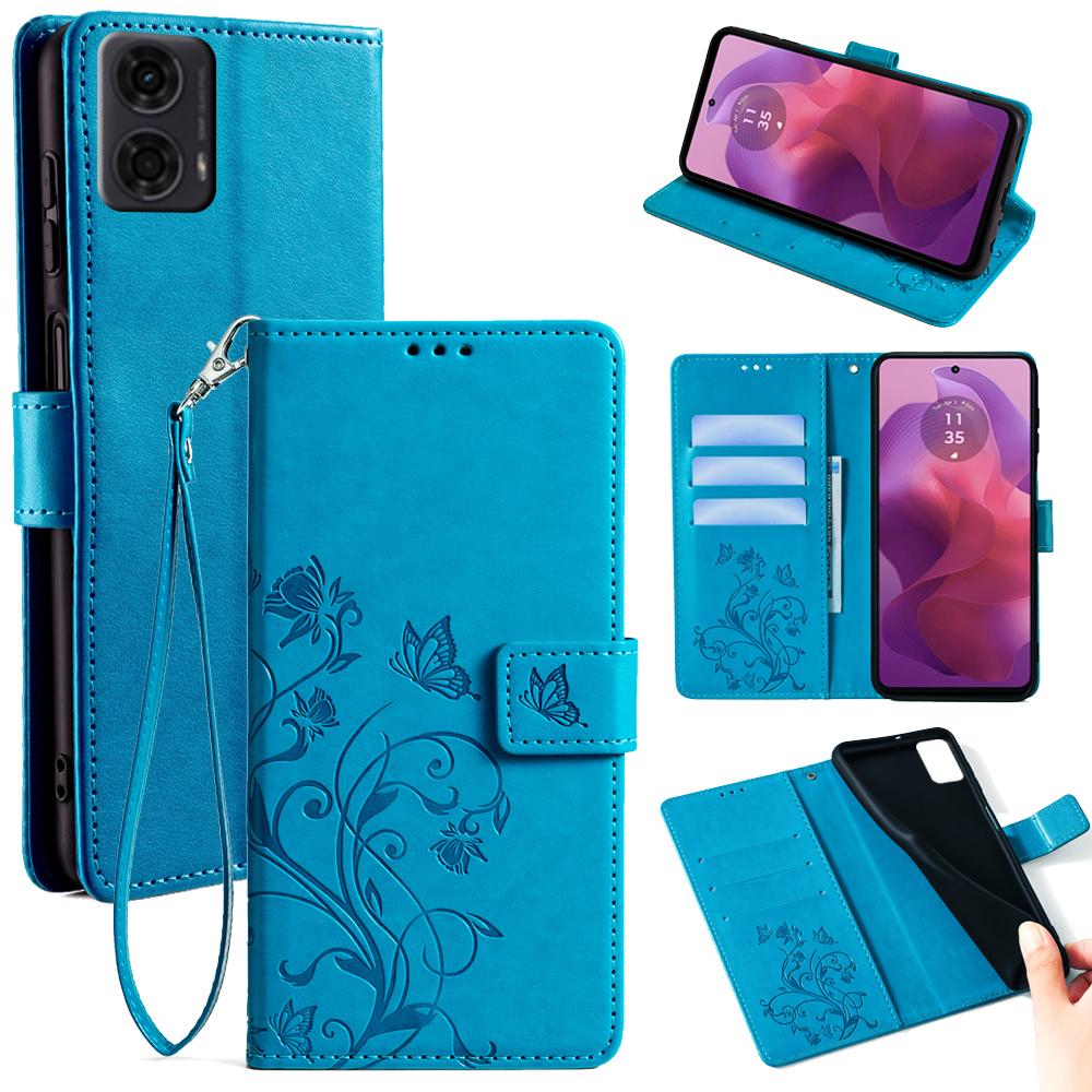 Für Motorola Moto E14 4G/G04 4G/G04s 4G/G24 4G Lederhülle Brieftasche Kartenfächer Schmetterling Blume Handyhülle mit Riemen