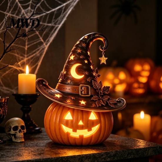 Cute Ghost And Cat Night Lights Halloween Pumpkin Light, Resin LED Dragon Tabletop Lamp, Witch Festive Ornaments Hat Black Crow Lamp for Home