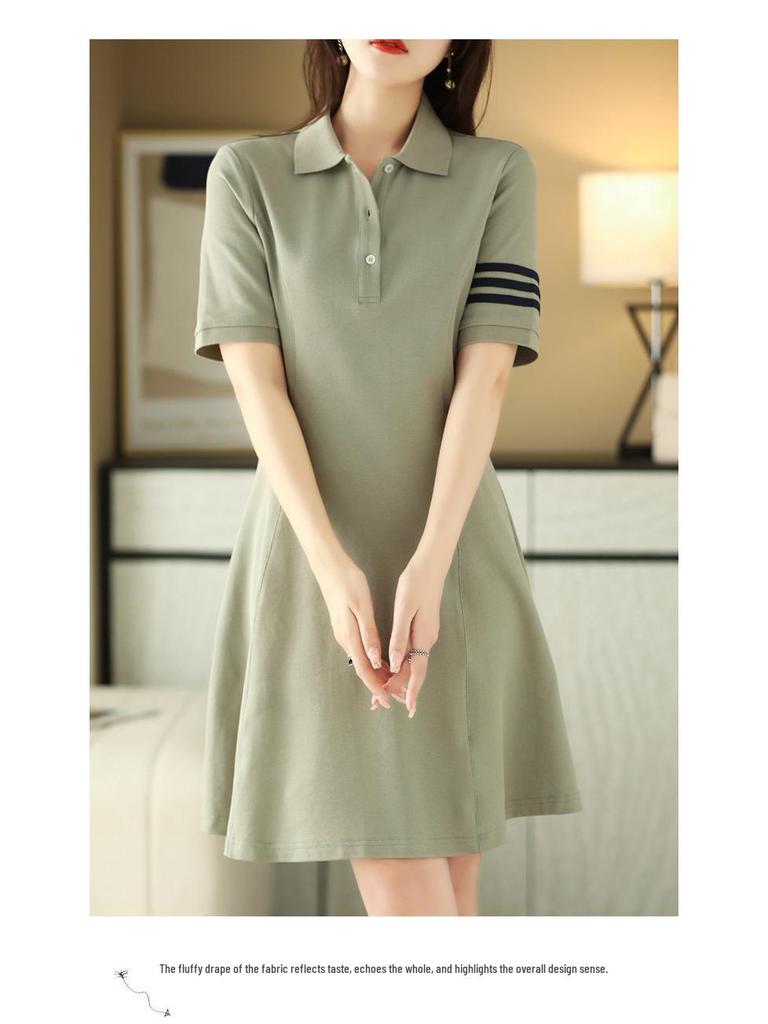 2025 Women's Summer Polo Collar Slimming Mid-Length Color Block Dress with Big Swing Cotton Skirt