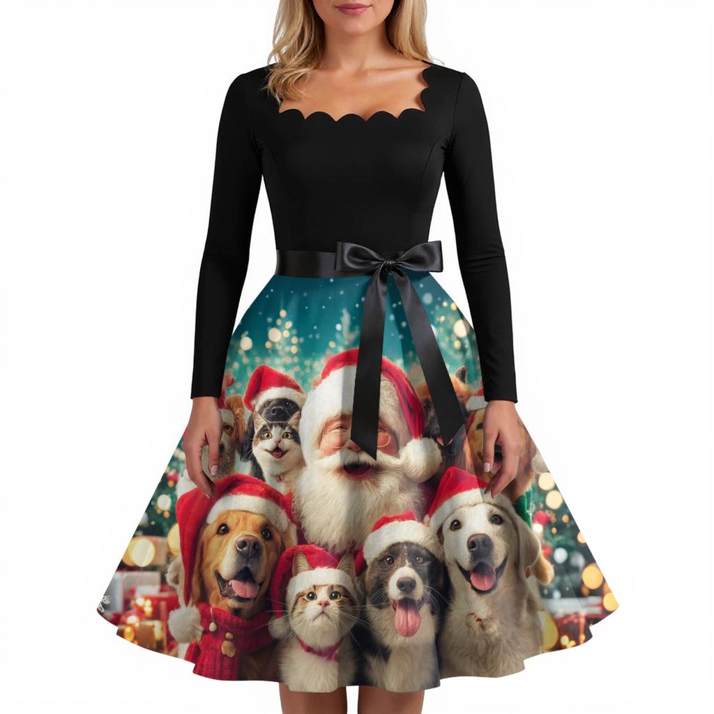Women's Fashion Retro Long-sleeved Square Collar Christmas Printed Evening Dress