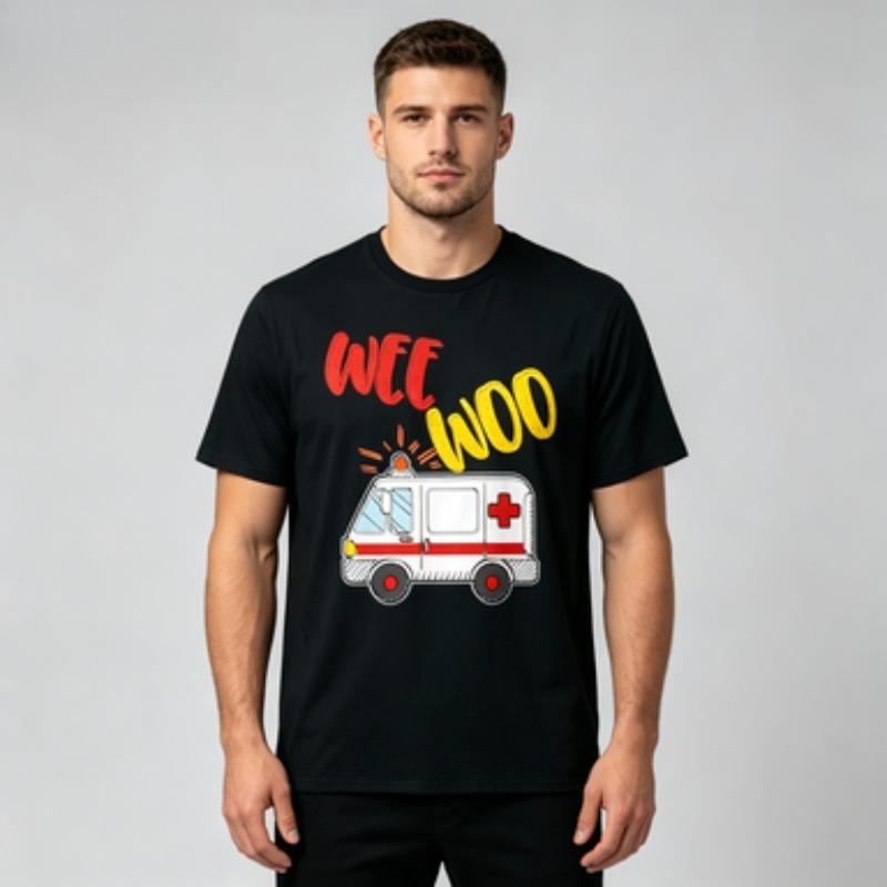 Unisex Modal Tshirt Ambulance Cartoon Print Short Sleeve Crewneck Casual Funny Tee Black White