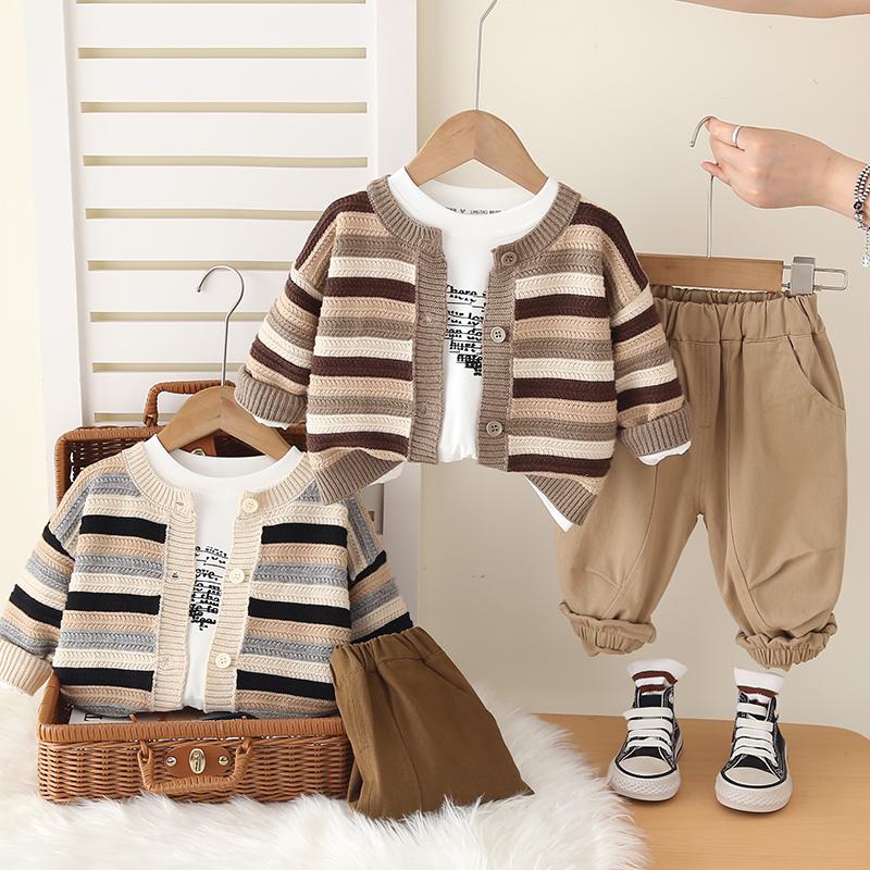 Boys' Long Sleeved 3-piece Set, Autumn and Winter Striped Knitted Jacket, 0-5-Year-old Children's Casual Set