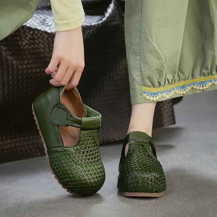 Johnature Genuine Leather Retro Woven Hollowed Out Height Increasing Sandals Comfortable Women's Shoes