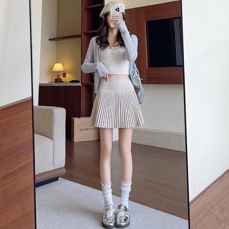 2026 Women's Gray Wool Pleated A-Line Skirt - High Waist, Spring/Autumn Collection