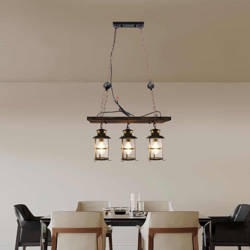 Vintage Industrial 3-Light Pendant Lamp, Rustic Wood & Iron Chandelier for Cafe,Bar,Restaurant – E26/E27 Base, No Bulbs Included