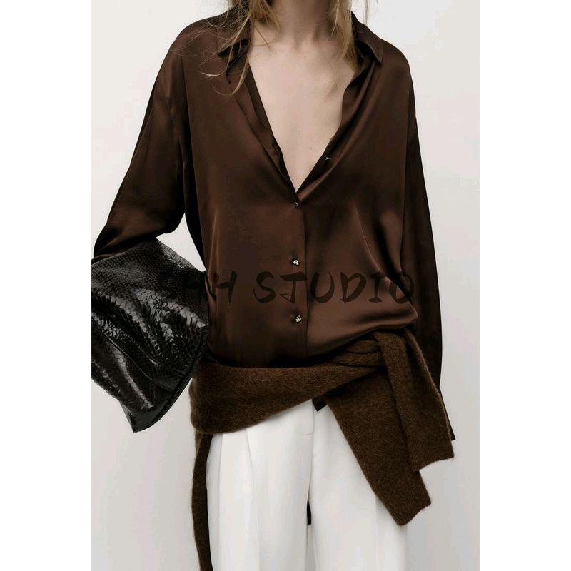 Spring New Women's Clothing Fashion Style Lapel Long Sleeves Single-Breasted Silk Satin Textured Shirt Tops 2074580