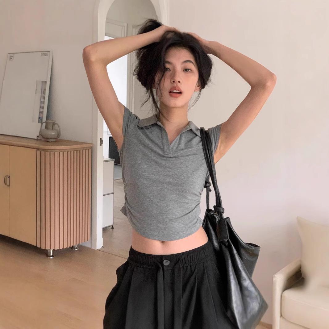 

Summer Slim Pleated V-Neck Gray Women s Polo Collar Top L