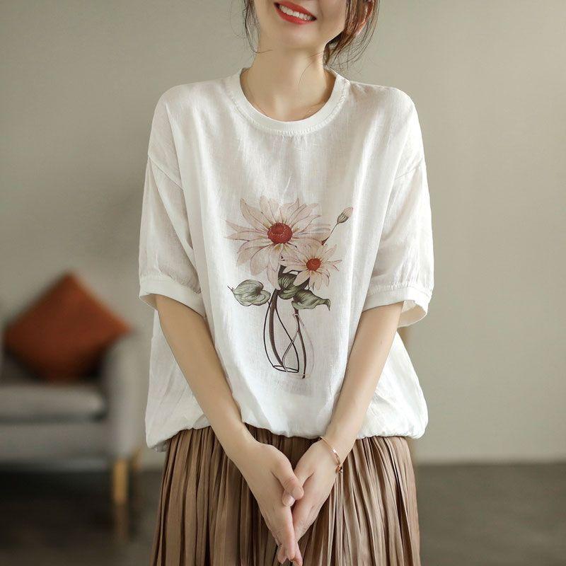 Summer  Retro Cotton Linen Tops Women Cotton Large Size T-shirt Polo Neck Loose Printed Casual Pullover T-shirt Top