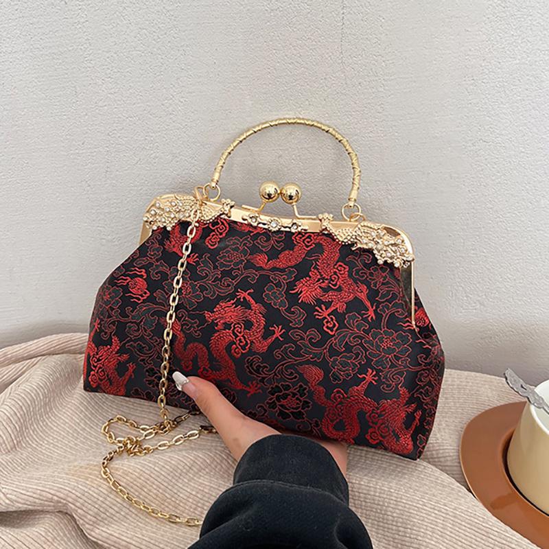 2025 Neue Muscheltasche im chinesischen Stil Kettentasche Nietenhandtasche Jahr des Drachen Aufdruck Damen Schultertasche Umhängetasche
