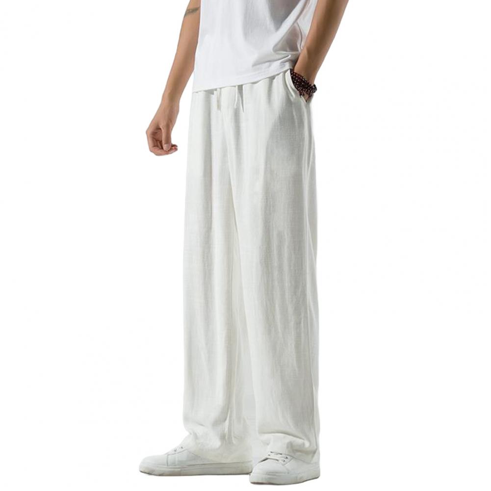 Men Pants Drawstring Elastic Waist Straight Leg Loose Solid Color Pockets Daily Wear Casual Sport Trousers Long Sweatpants