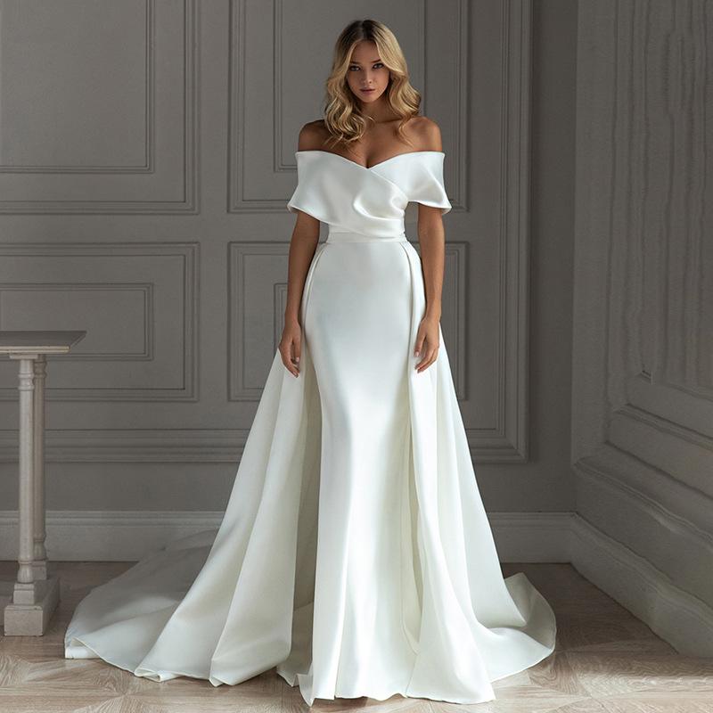 French Satin Light Wedding Dress 1011 New One-word Shoulder Trailing Temperament Simple Hepburn Style Main Wedding Dress