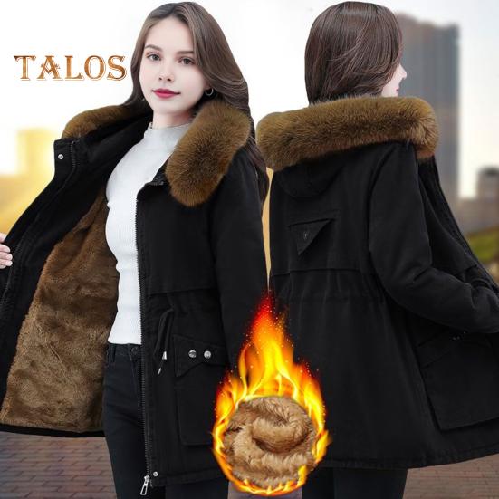 Winter Women Cotton Jacket with Furry Hood with Double Pockets Drawstring Waist Mid Length Zipper Closure Coat Solid Color Windproof Outwear Parka