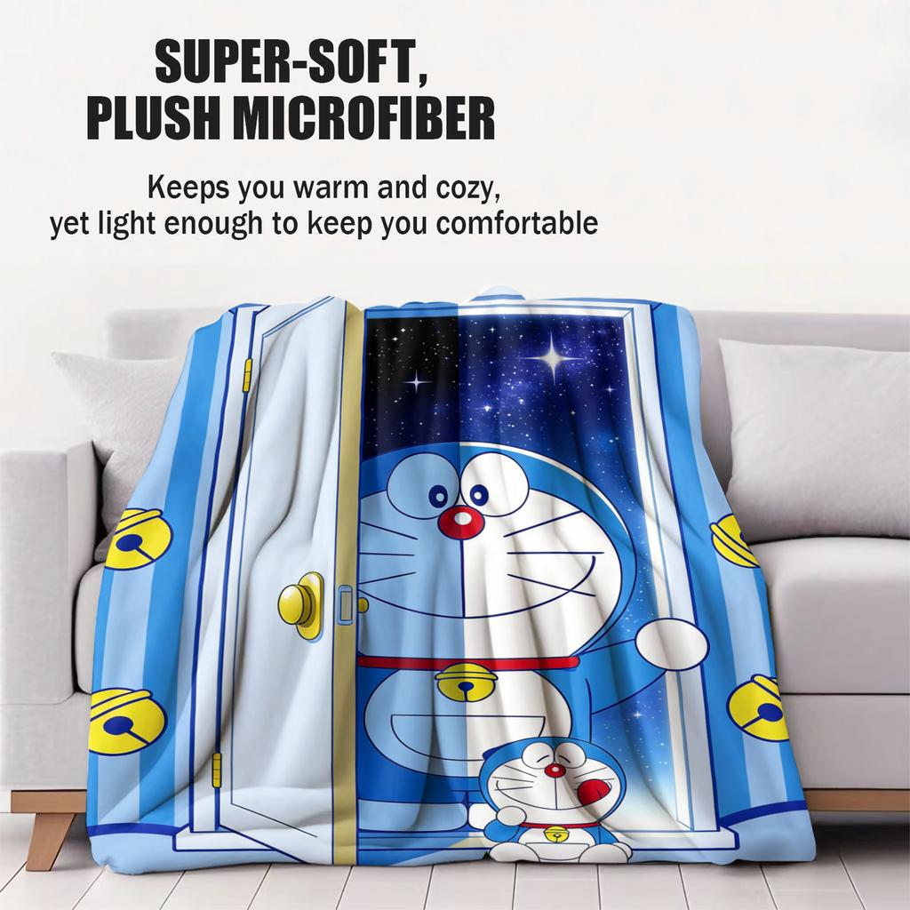 Doraemon Logo Pattern Fleece Blanket, Blue White Round Face with Red Nose Soft Throw, Cozy Couch Blanket for Kids Room