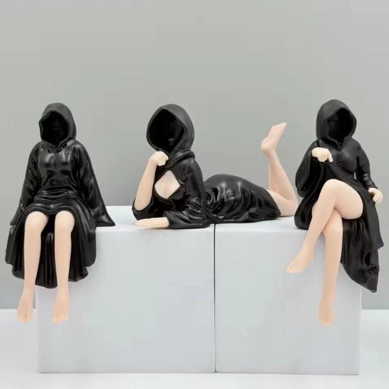 3D Mysterious Halloween Statue Gothic Black-robed Queen Figure Bookshelf Sculpture Ghost Sitting Statue Table Decoration Gift
