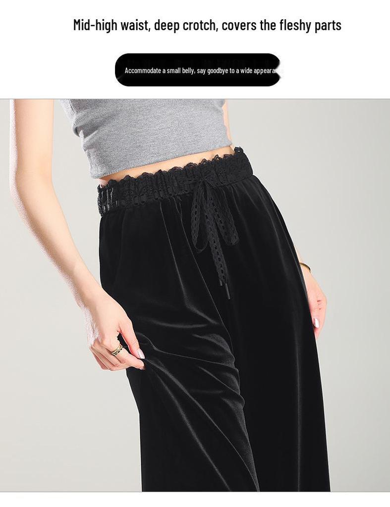 Women's High-Waist Golden Velvet Wide-Leg Pants - Spring/Summer 2026 Collection, Fashionable Black Drapey Casual Style.