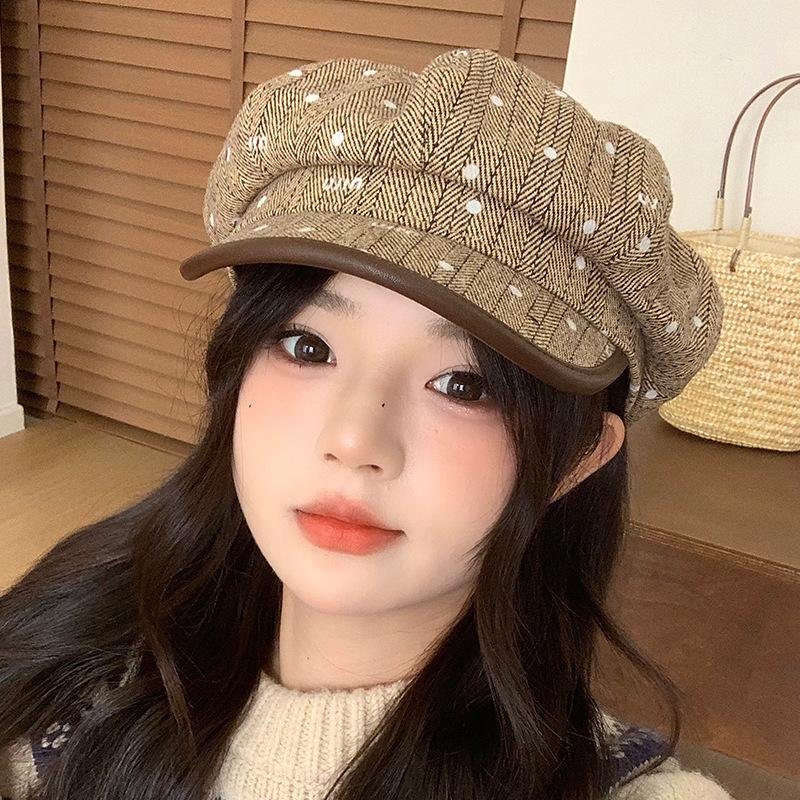 Simple Retro Striped Polka Dot Beret Korean Casual Windproof Octagonal Hat for Women Autumn and Winter Versatile Painter Hat New