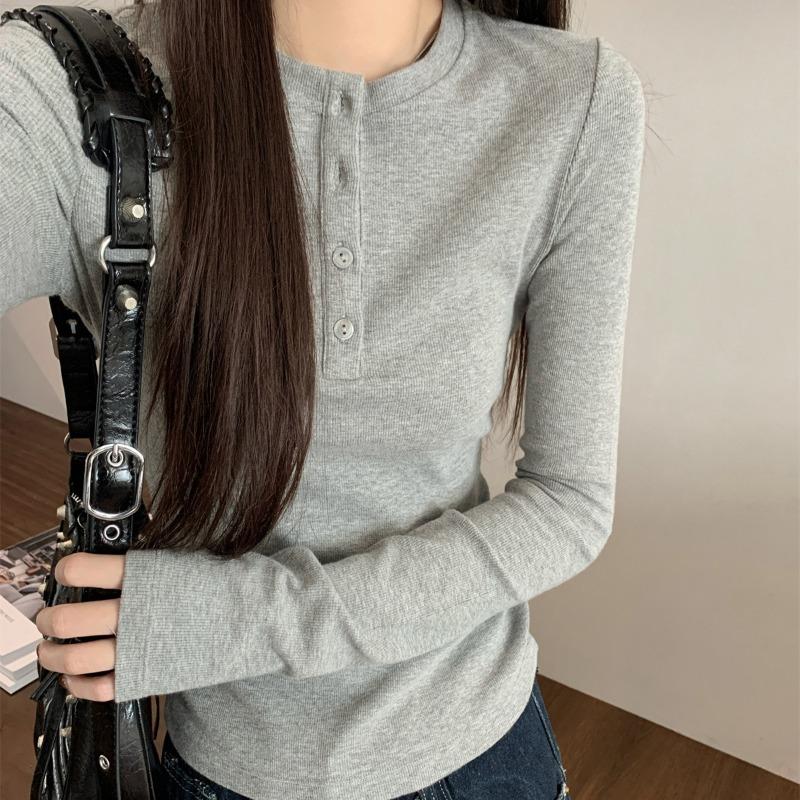 Light blue button-up front shoulder top women's early spring tight and thin Spice Girl style long-sleeved shirt with bottoming shirt