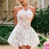 Lace splicing dress, European and American sexy backless neck strap U neck A word short dress