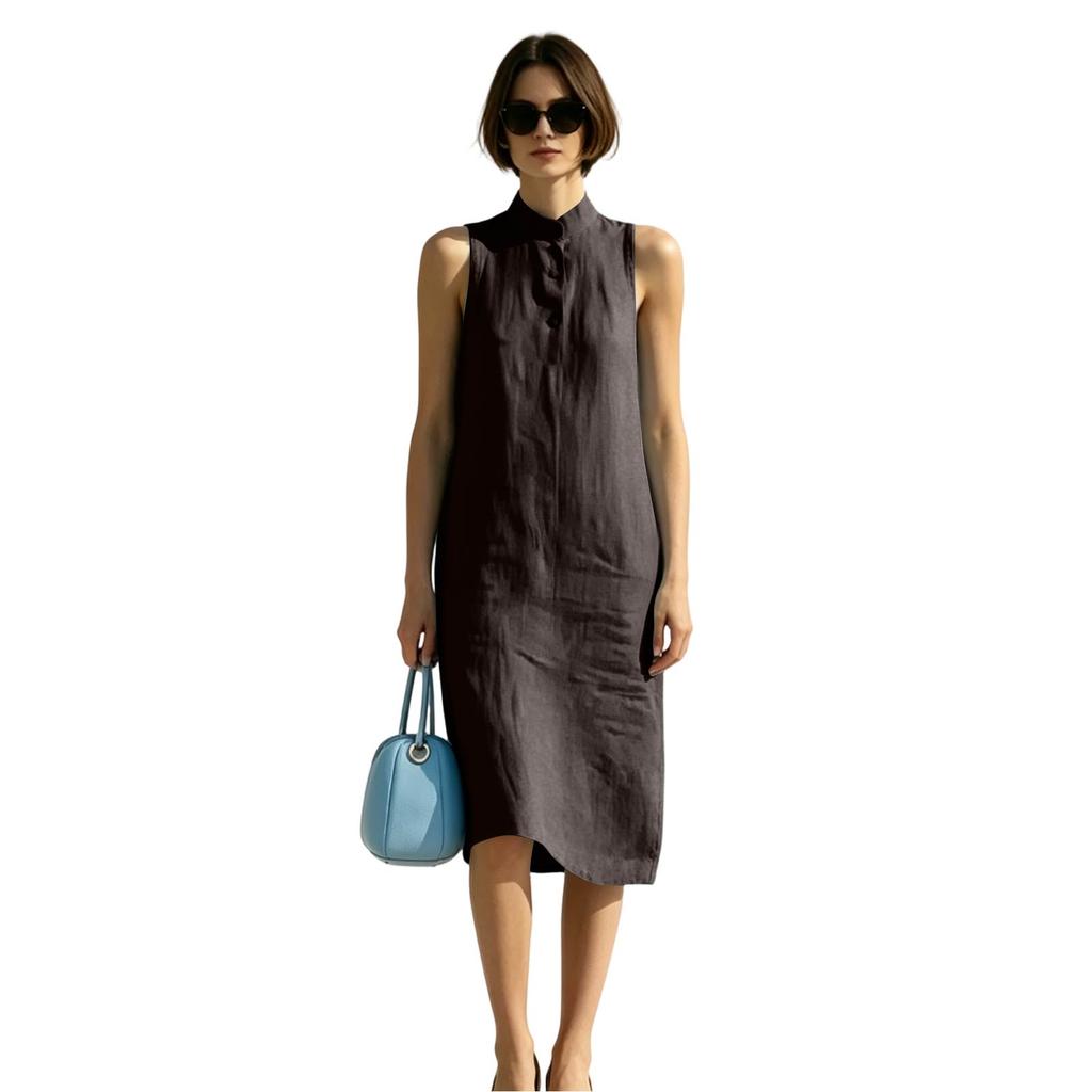 Sleeveless Loose Fit Summer Dress Midi Length Button Front Stand Collar Casual Lightweight Dress for Women