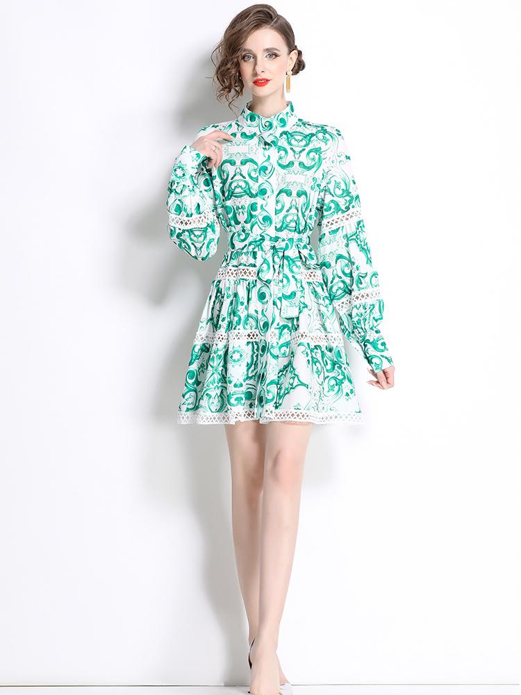 Jarní Podzimní Dámské Jednořadé Tištěné Vystřihované Krajkové Patchworkové Společenské Šaty