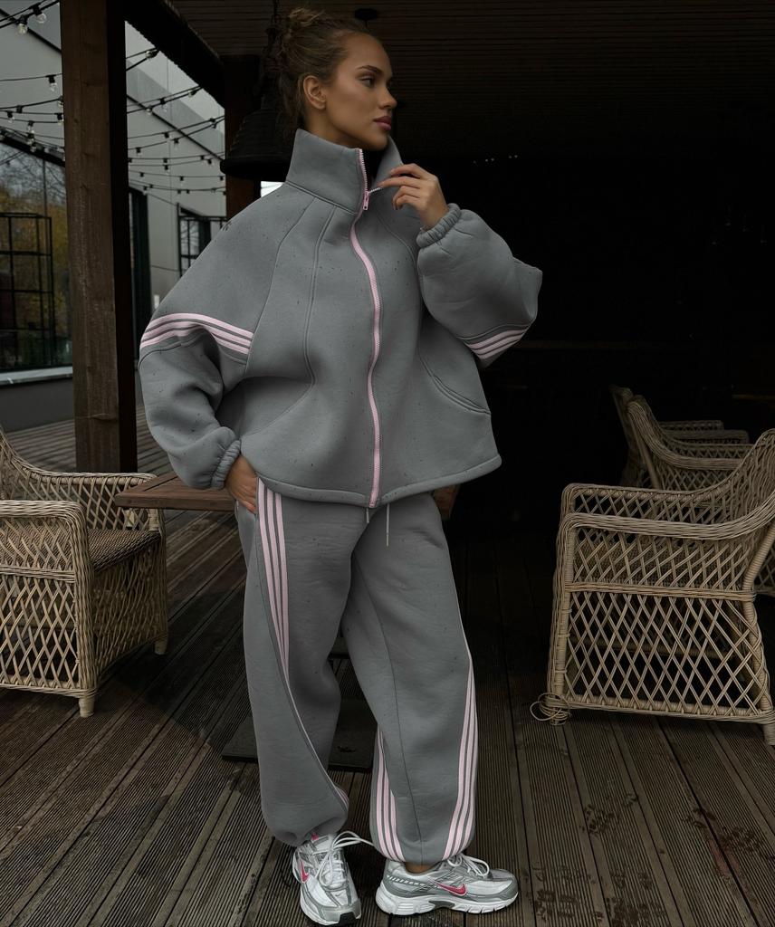 Cotton Casual Women's Clothing Autumn and Winter 1116 Hot-selling Striped Color Matching Stand-up Collar Jacket Elastic Trousers Set