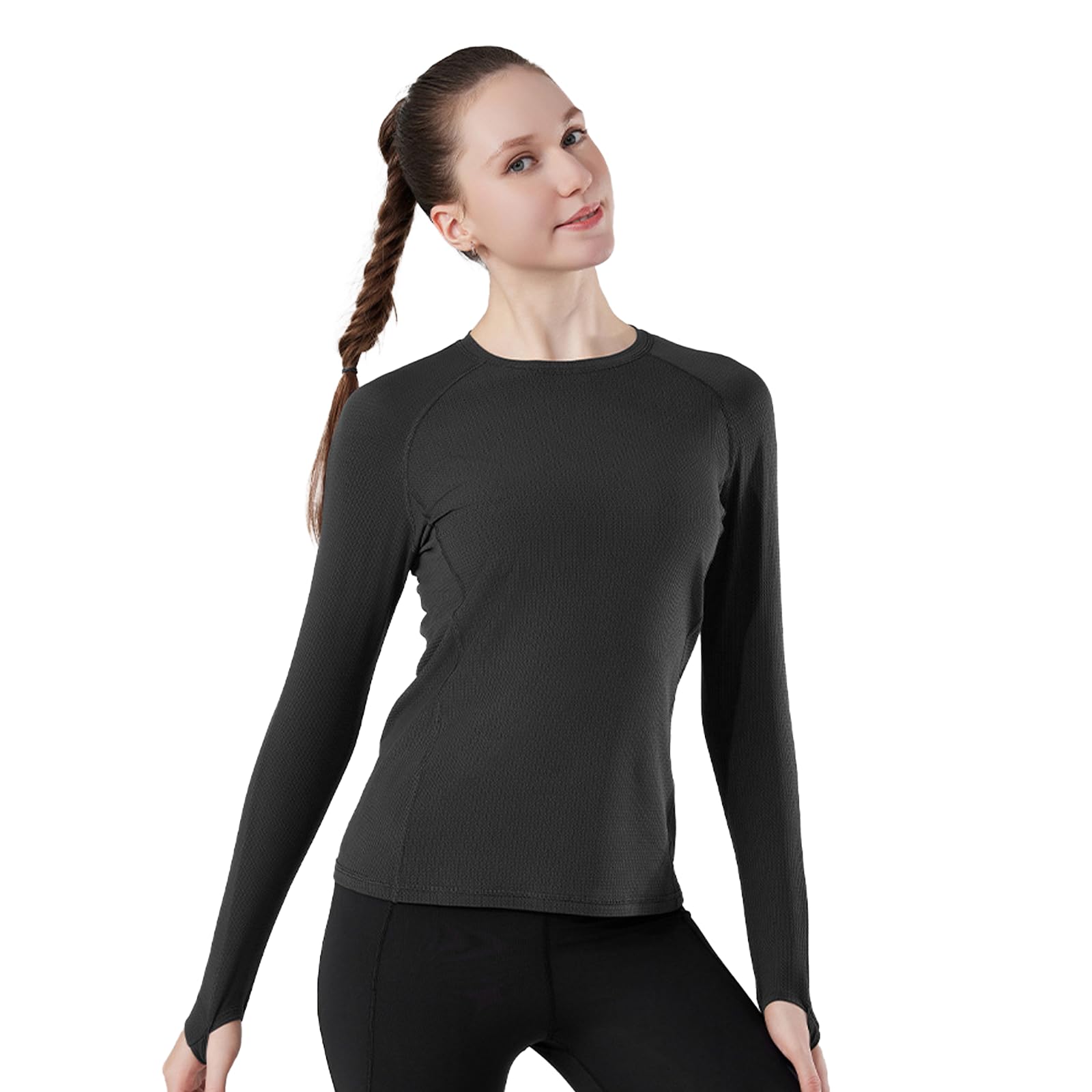 

Karsaer Cooling Innerwear Sports Long Round Yoga Solid UV A0064 Women s T-Shirt, Sleeve, Sweat-Wicking, Quick-Drying, Neck, Top, Running, Training, чёрный