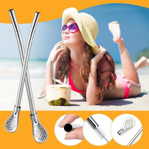 304 Stainless Steel Straw Spoon, a two-in-one fruit tea filter and stirrer with a removable straw and spoon, reusable (style 1)