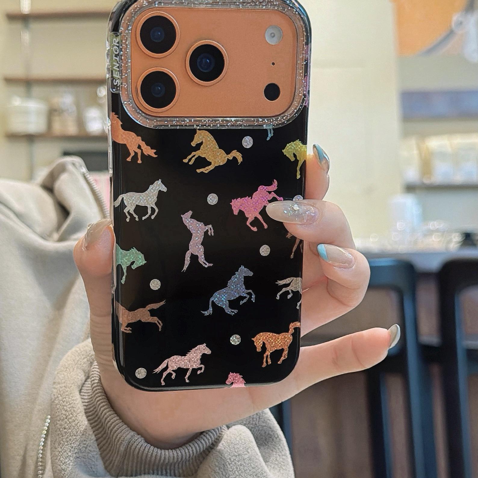 

Gilded Black Full-Screen Colorful Horse iPhone 17/16/15/14/13 Pro Max Case Cover 15