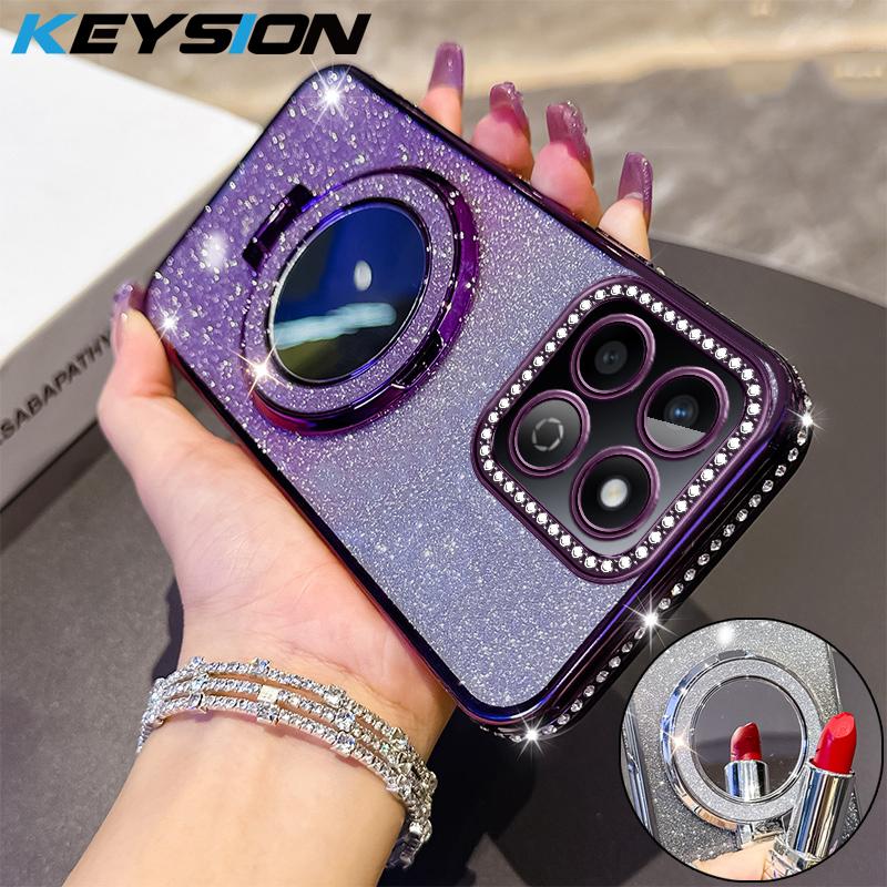 KEYSION Glitter Jewelled Magnetic Phone Case for HONOR X7c X8b X8A Makeup Mirror Stand Shockproof Cover for Honor 200 Smart 5G