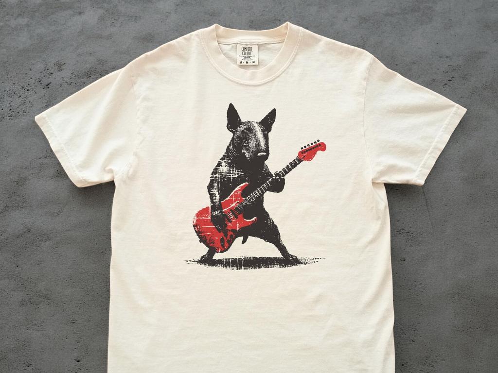 Bull Terrier Rock T-Shirt: Guitar Music Lover Tee, Funny Rock Dog Gift for Bull Terrier Parents
