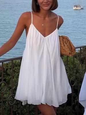 Y2k Sexy Puff Pleated Backless Mini Dress Women Elegant V-neck Sleeveless Beach Short Dresses Fashion Chic A-line Evening Party Dress