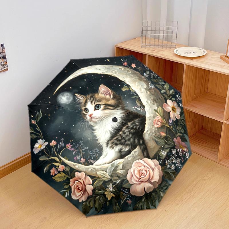 1 PC Automatic Folding Umbrella - Kitten and Moon Night Pattern, Portable & Foldable Design with 8 Ribs, Christmas Birthday Gifts