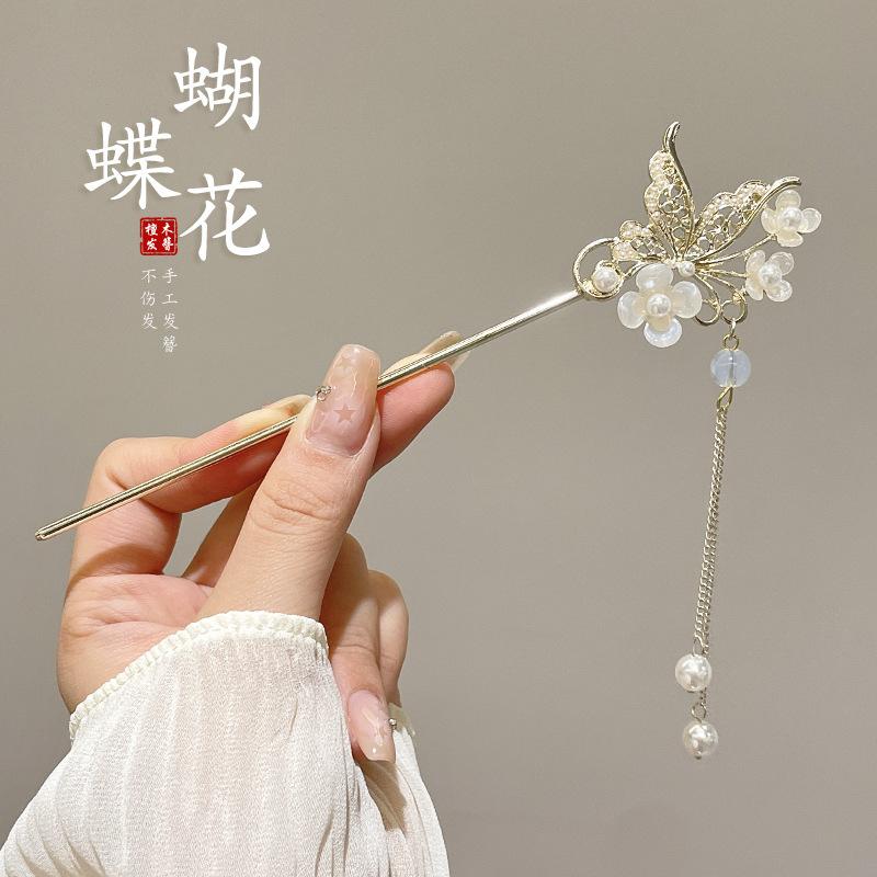 Classic Hair Stick Peach-blossomhair Chopsticks Gold Plated Prong Updo Chignon Hairpin For Women Chinese Hanfu Hair Accessories