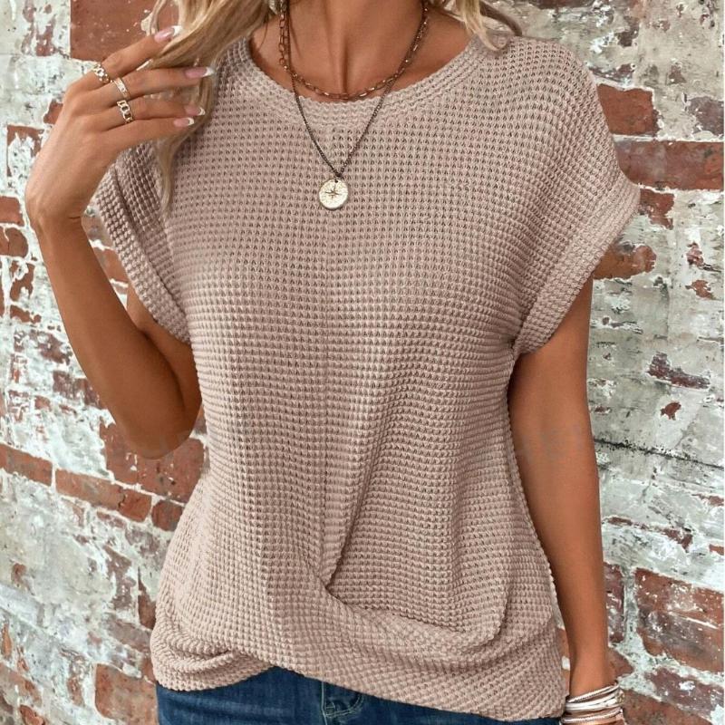 Cross-border Solid Color Round-collar T-shirt Elegant Short-sleeved Twisted Top Spring and Summer Women's Wear