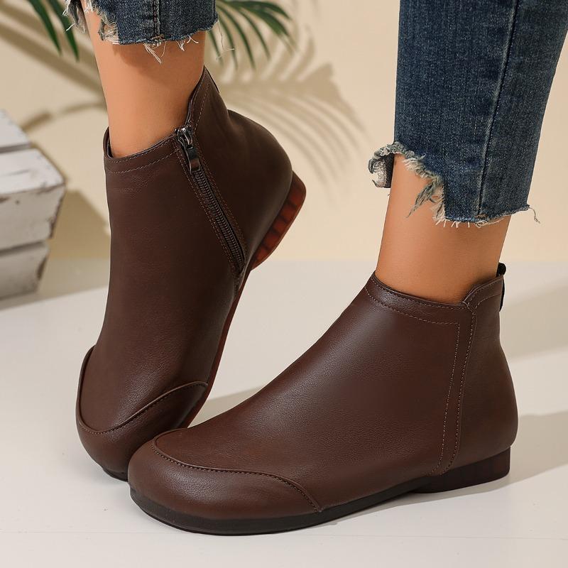 Women's Fashion Boots Round Toe Flat Sole Side Zipper Short Boots Classic Retro Comfortable Soft Sole Plus-size Women Shoes