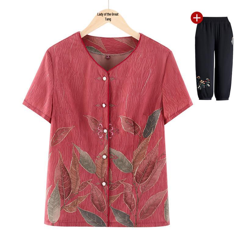 Elderly Women s Breathable Short-Sleeve Cardigan Shirt 2XL