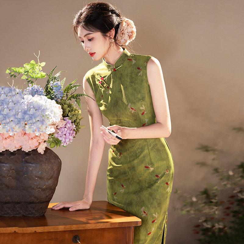 Green sleeveless national style new Chinese Suzhou long cheongsam improved young 1011 new women's high sense summer
