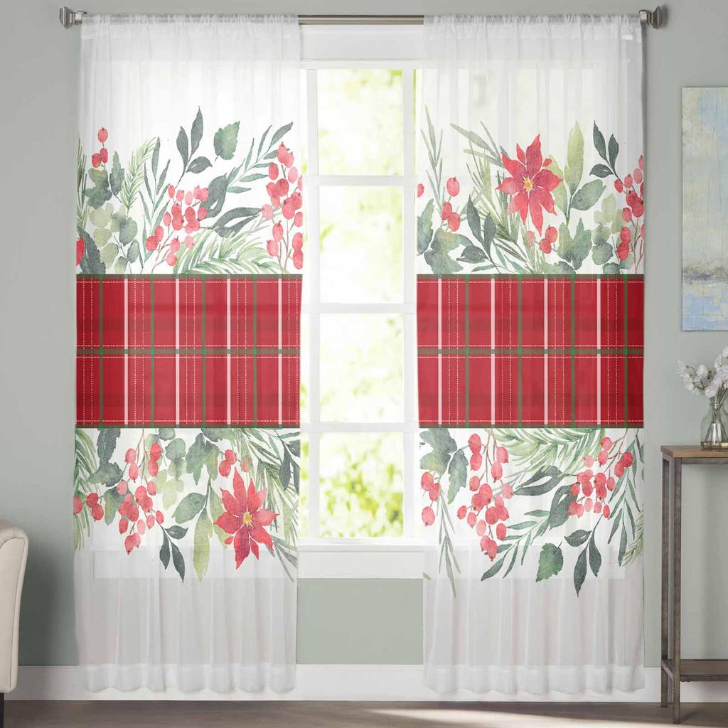 Weihnachtspflanzen Blätter Beeren Blumen Transparente Vorhänge Moderner Gaze-Vorhang für Wohnzimmer Schlafzimmer Voile-Garn-Vorhänge