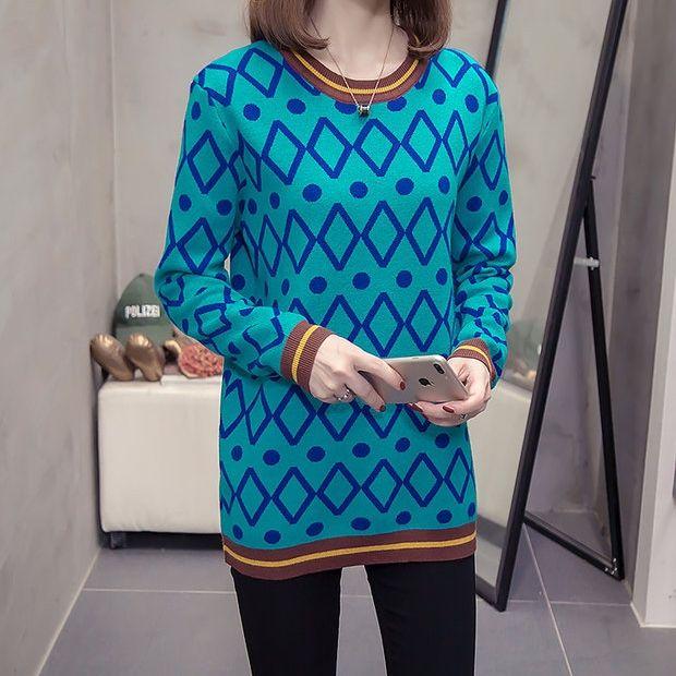 

Женская одежда Осень Зима Круглый вырез Длинный рукав Пуловер Геометрический свитер Вязаный элегантный Повседневный контрастный цвет Топы XXL павлин голубой