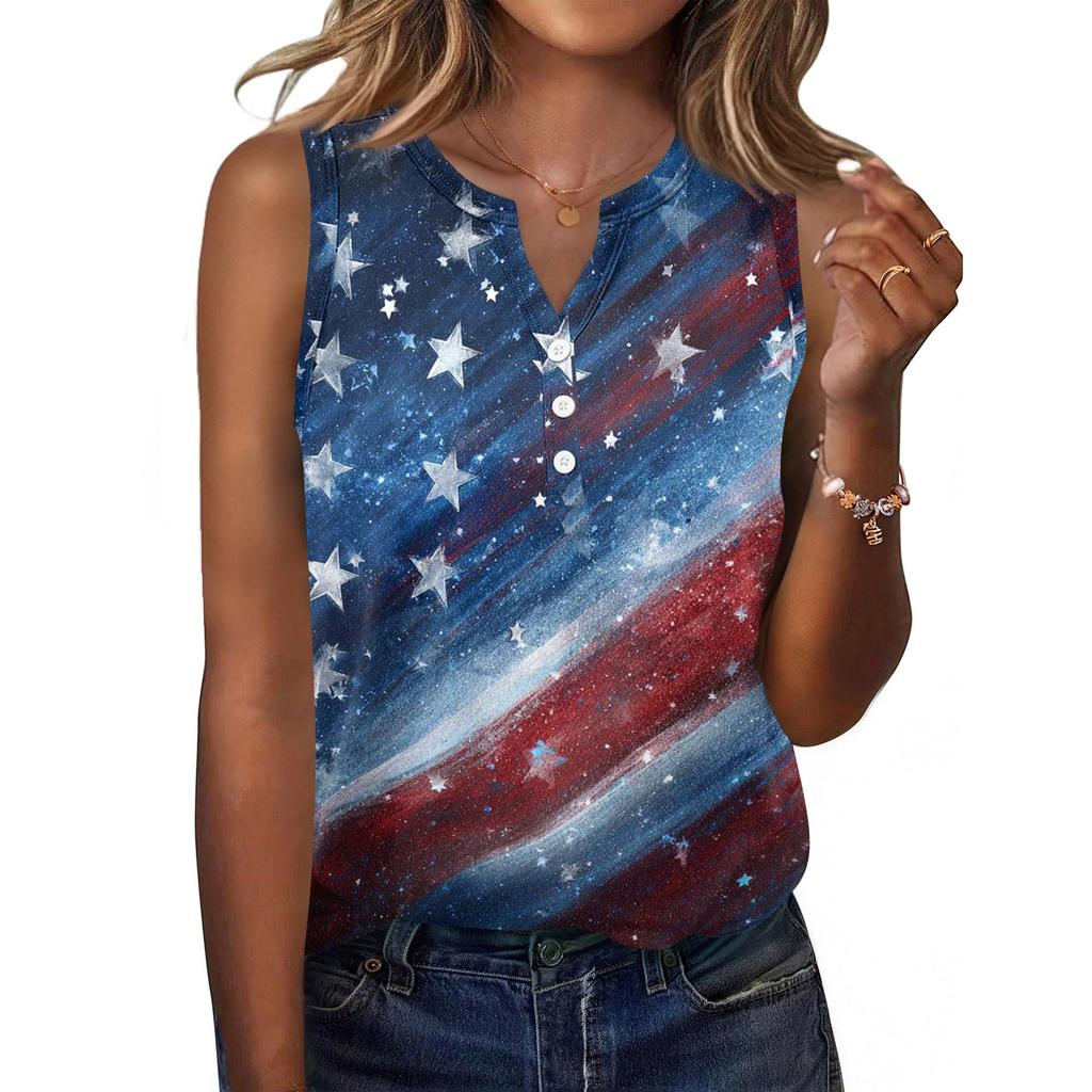 Women Sleeveless V Neck Button Front Casual Top with Star Print Pattern Relaxed Fit for Everyday Wear